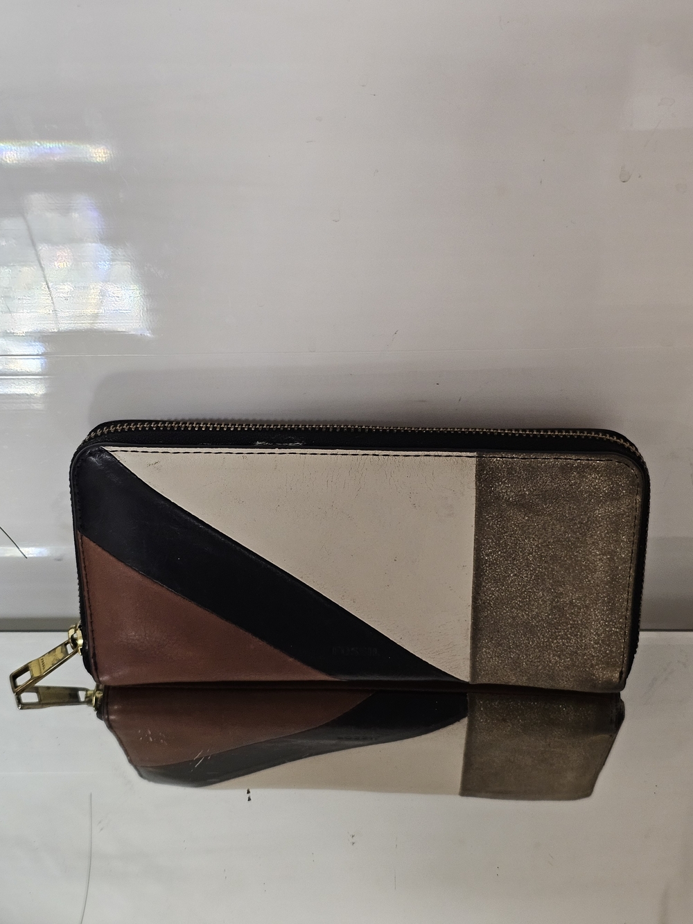 Fossil Tri-Panel Zip Wallet in Black, Brown, Cream